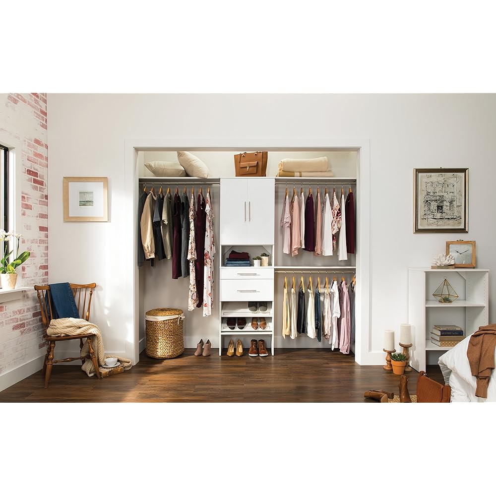 ClosetMaid SuiteSymphony Wood Closet Organizer Starter Kit Tower and 3 Hang Rods, Shelves, Adjustable, Fits Spaces 5 – 10 ft. Wide, Pure White, 25