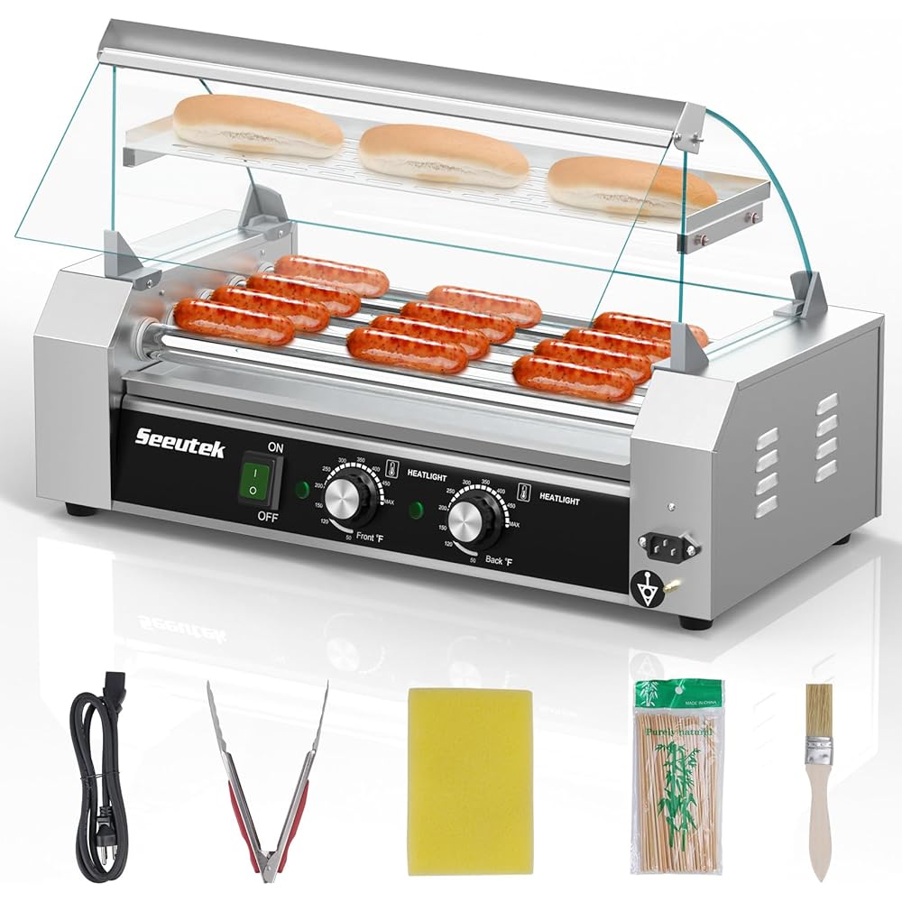 Seeutek Hot Dog Roller 5 Rollers 18 Hot Dogs Capacity 1100W Stainless Hot Dog Toaster, Hot Dog Machine W/Dual Temperature Control Glass Hood Acrylic Cover Warmer Shelf Removable Oil Drip Tray : Industrial & Scientific