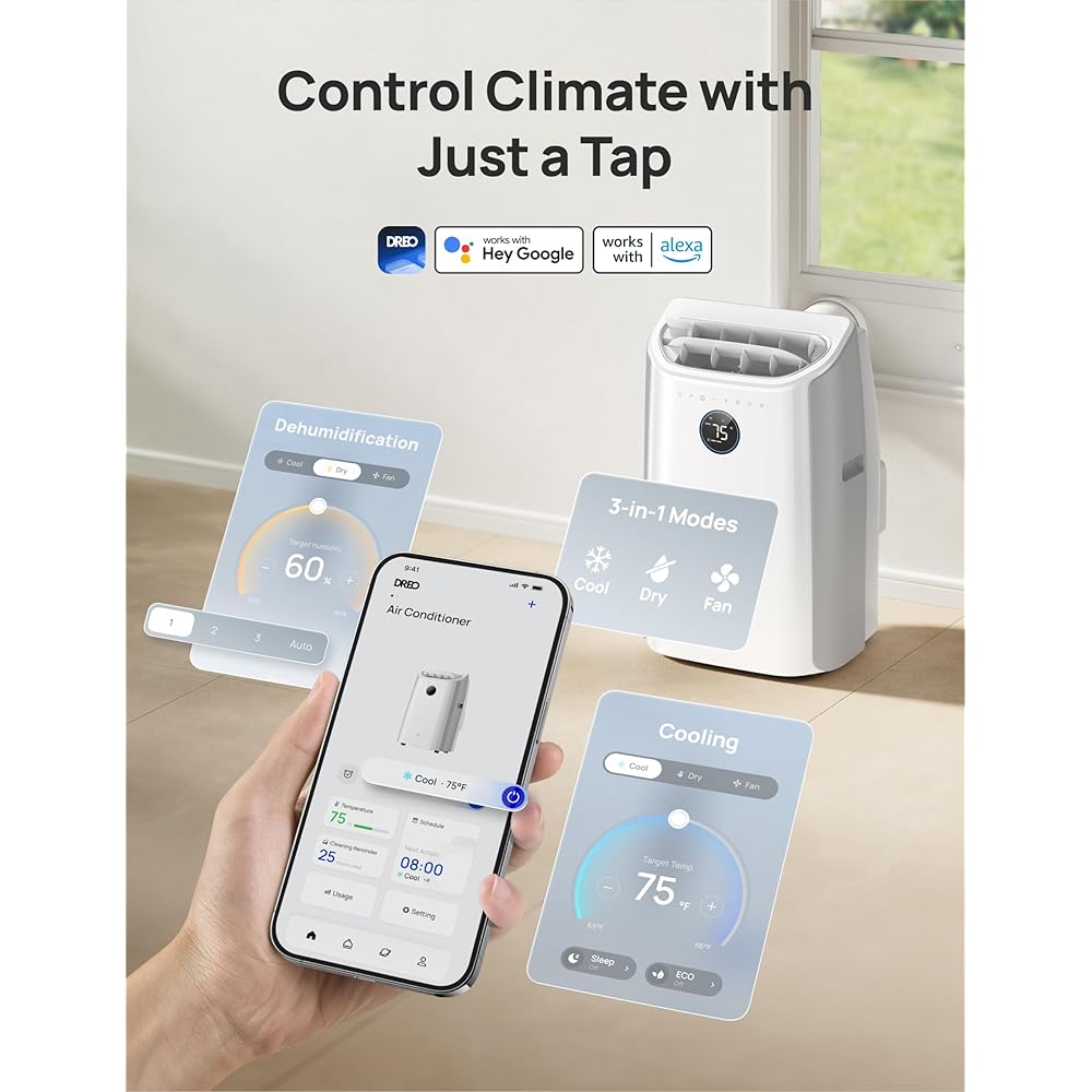 Dreo Portable Air Conditioners, 12000 BTU ASHRAE (8000 BTU DOE) Smart AC Unit for Room with Drainage-free Cooling, APP/Voice/Remote, Fan & Dehumidifier, Quiet Standing AC for Bedroom, AC515S New : Home & Kitchen