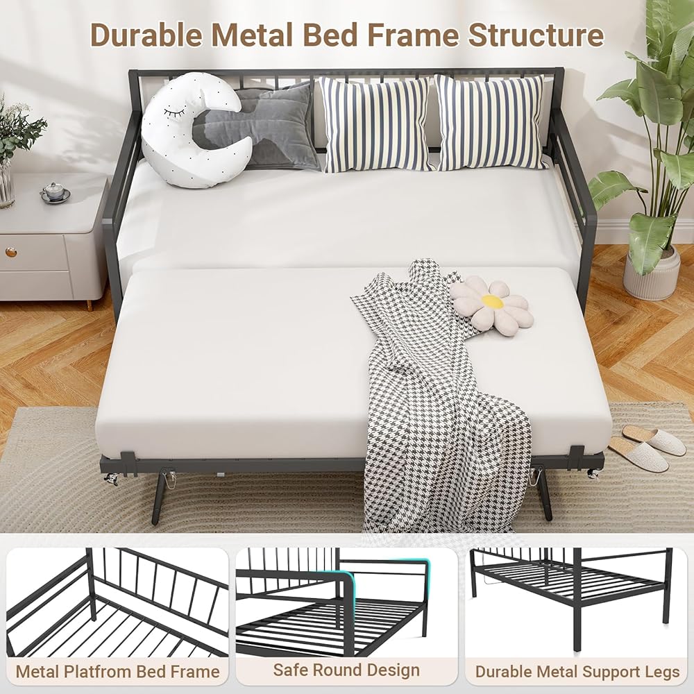 Zevemomo Twin Daybed with Pop Up Trundle, Metal Day Bed Frame with LED Lights and Charging Station, Day Bed with Trundle Bed Twin, Black Daybed for Living Room, Bedroom, Guest Room : Home & Kitchen