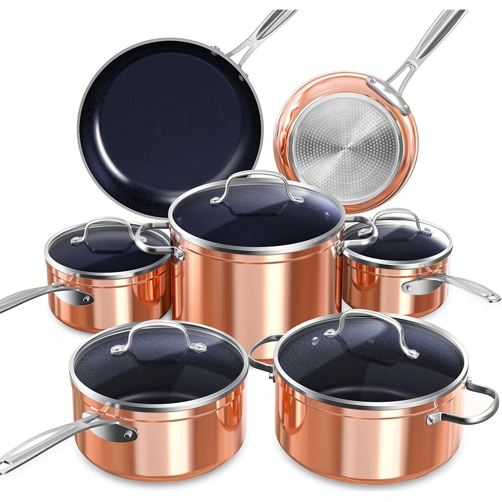 Nuwave Healthy Duralon Blue Ceramic Nonstick Cookware Set, Diamond Infused Scratch-Resistant, PFAS Free, Dishwasher & Oven Safe, Induction Ready & Evenly Heats,Tempered Glass Lids & Stay-Cool Handles: Home & Kitchen