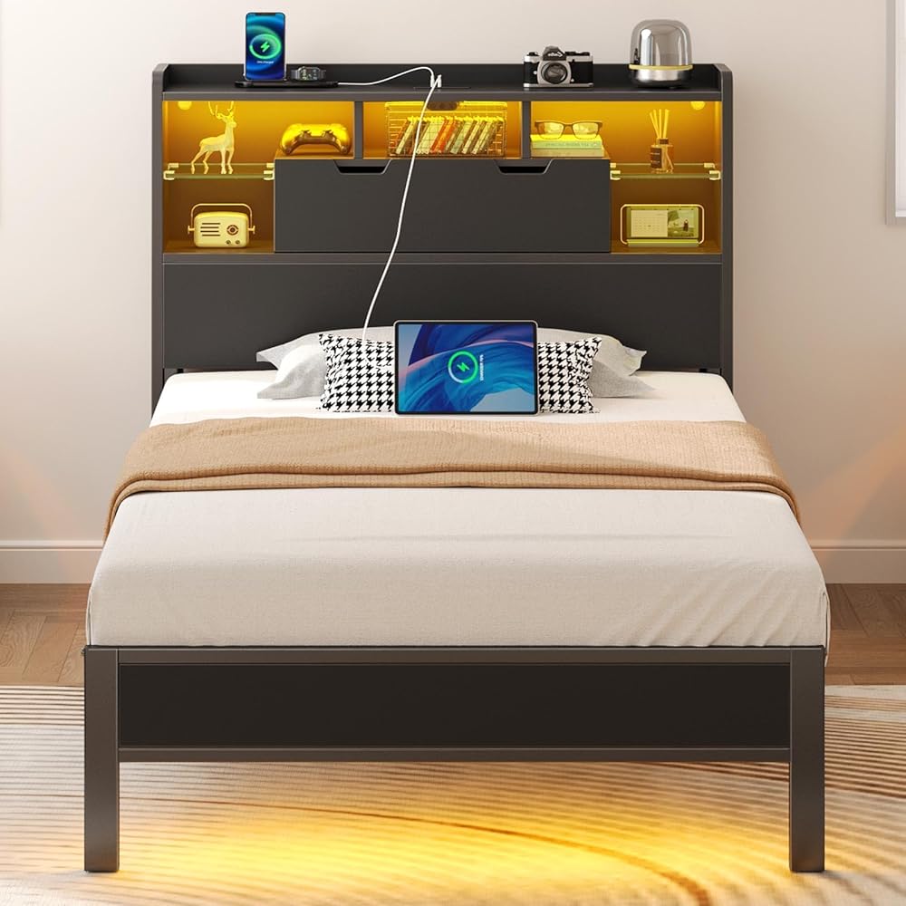 Rolanstar Twin Bed Frame with Headboard, LED Bed with Bookcase Storage and Charging Station, Metal Platform Bed with Glass Shelves, No Box Spring Needed, Noise-Free, Black : Home & Kitchen