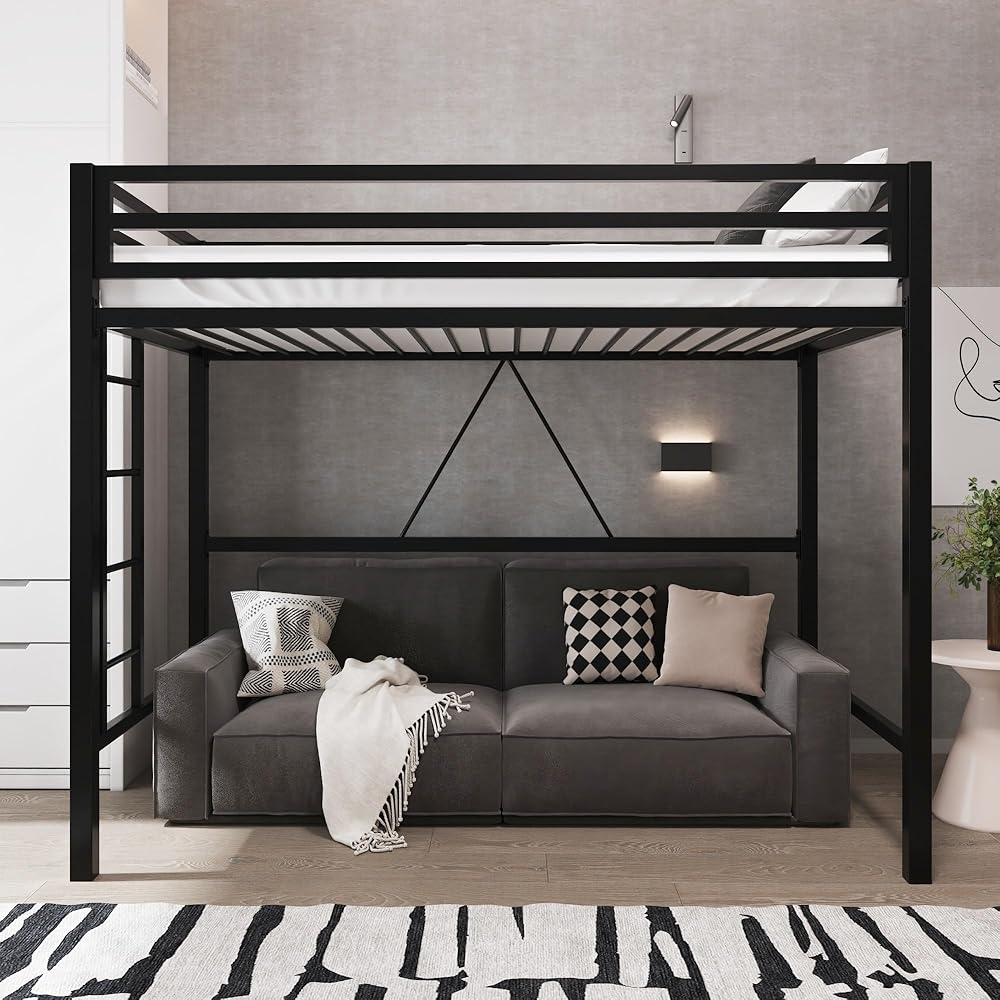 Allewie Metal Loft Bed Twin Size with Guardrail and Ladder, Small Space Saving Design for Bedroom Kid Room and Dorm, No Box Spring Needed, Black : Home & Kitchen