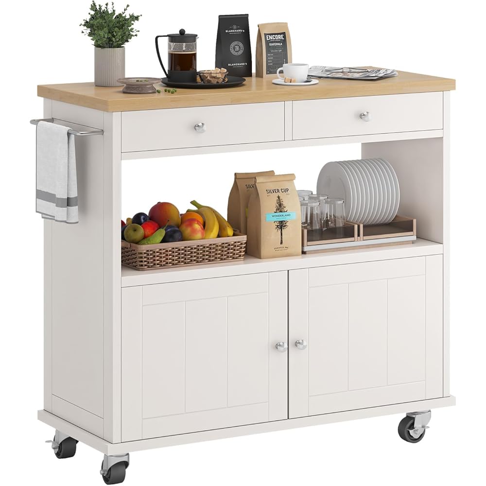 knoworld Rolling Kitchen Island with Storage Cabinet, 35.4'' Width Kitchen Cart, 2 Drawers Island Table, Portable Mobile Kitchen Island with Towel Rack, Wood Top and Lockable Wheels, White : Home & Kitchen