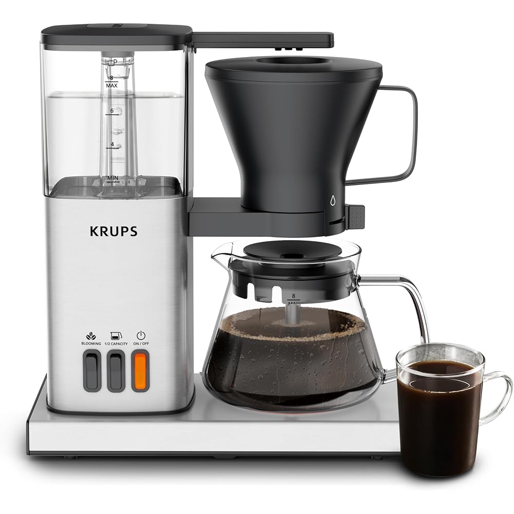 KRUPS Essential Brewer 8 Cup Drip Coffee Maker Machine SCA-Certified Blooming Technology, Barista-Quality, Pour-Over Coffee Machine, Easy to Clean Dishwasher Safe, Stainless Steel Design, Silver