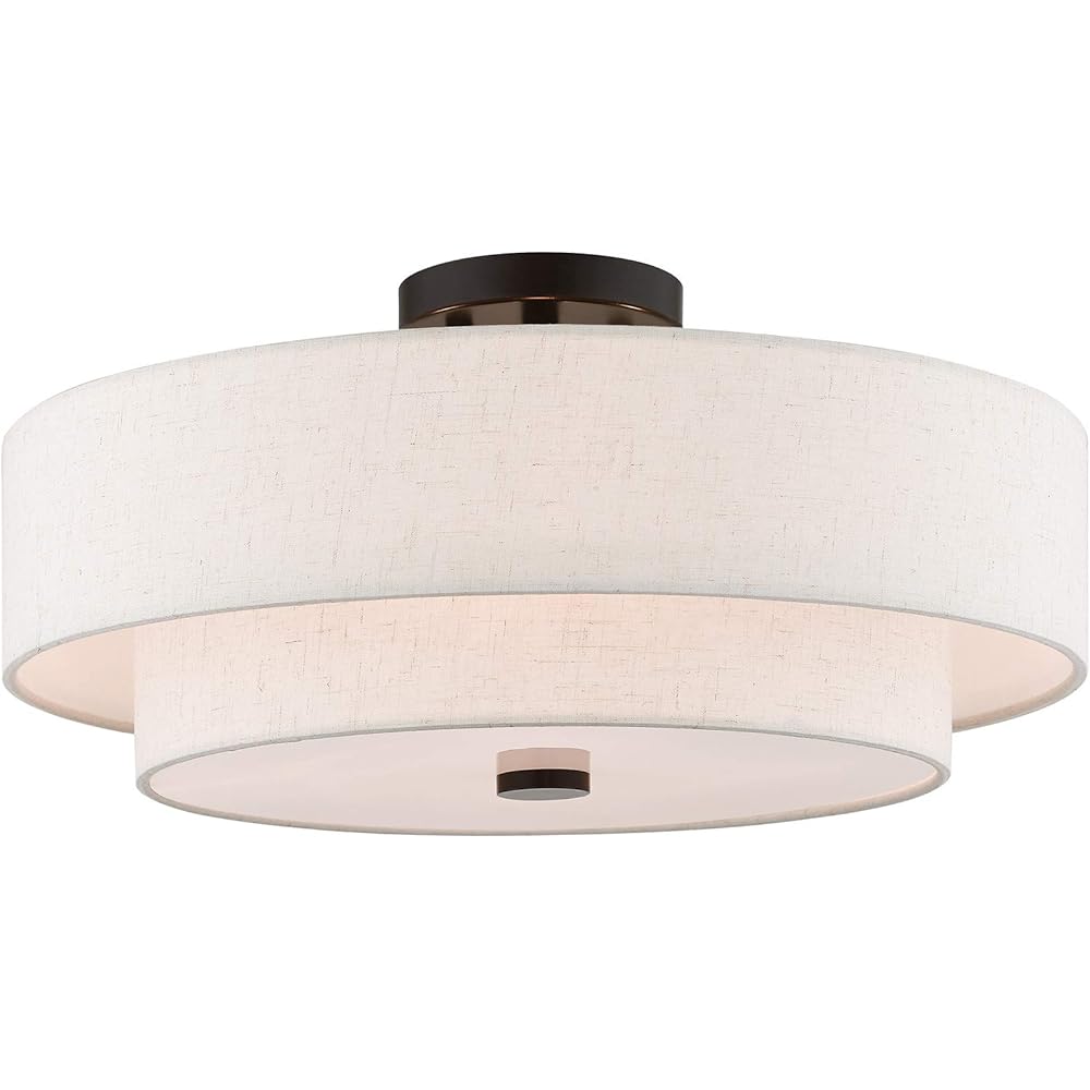 Livex Lighting 51085-92 4-Light Semi Flush Mount Ceiling Fixture with Oatmeal Color Fabric Hardback Drum Shade and Satin White Diffuser, English Bronze