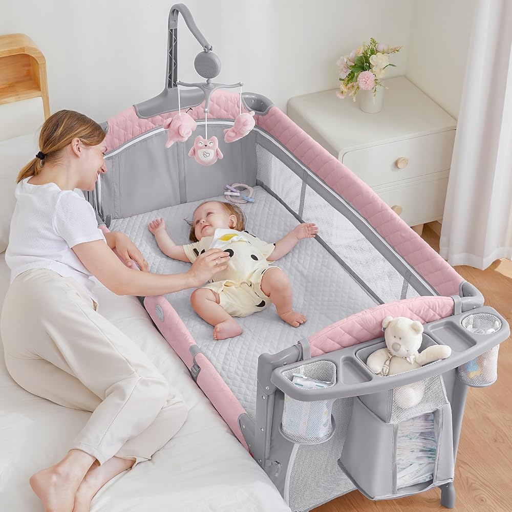 : ADOVEL Baby Bassinet Bedside Crib, Pack and Play with Mattress, Diaper Changer and Playards from Newborn to Toddles, Pink : Baby