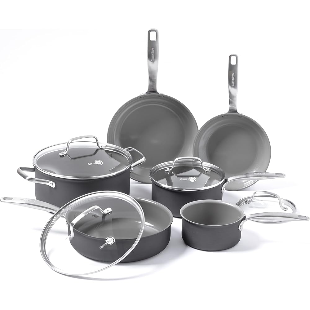 GreenPan Chatham Hard Anodized Healthy Ceramic Nonstick 10 Piece Cookware Pots and Pans Set, Frying Pan Skillets, Saucepans, Saute Pan, Stockpot, Lids, PFAS-Free, Dishwasher & Oven Safe, Gray: Home & Kitchen