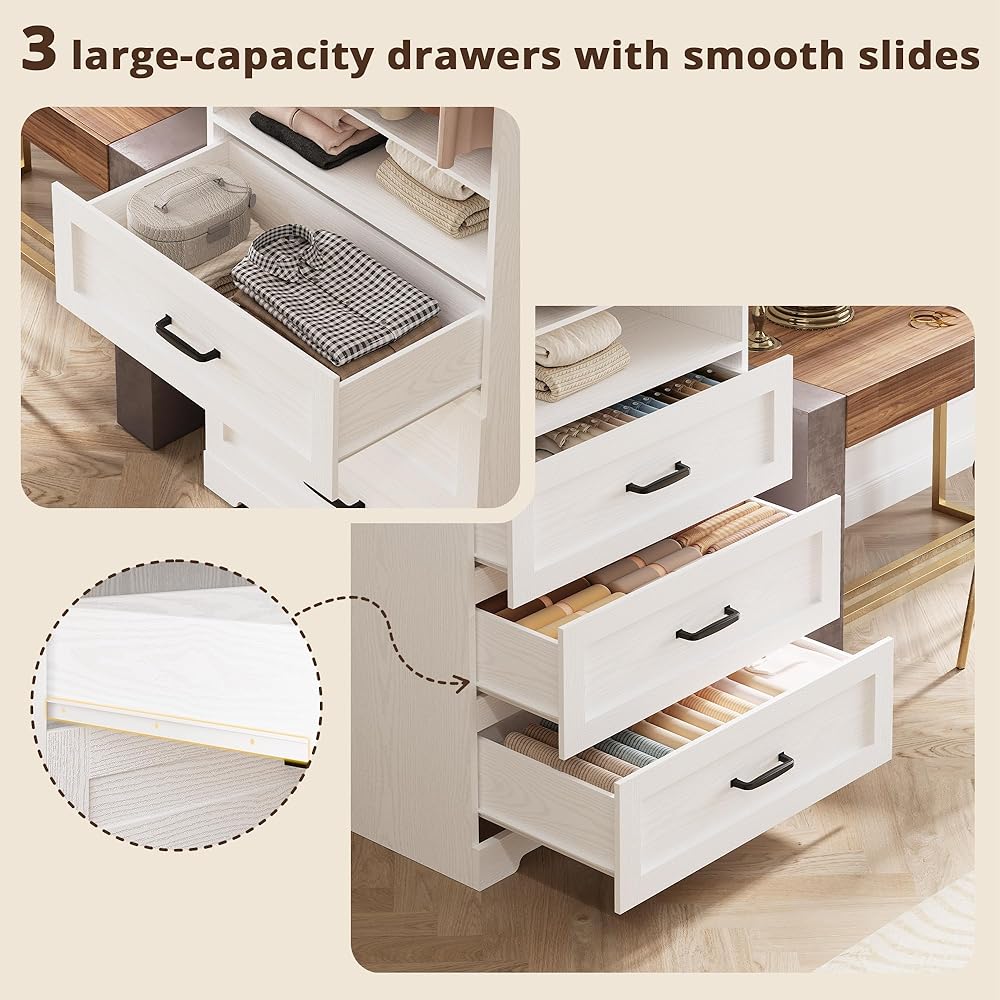 IRONCK Freestanding Closet System with 3 Wood Drawers, Modern Armoire Wardrobe with Adjustable Shelves & Hanging Rod, Walk-in Closet Systems Organizer for Small Closet, White : Home & Kitchen