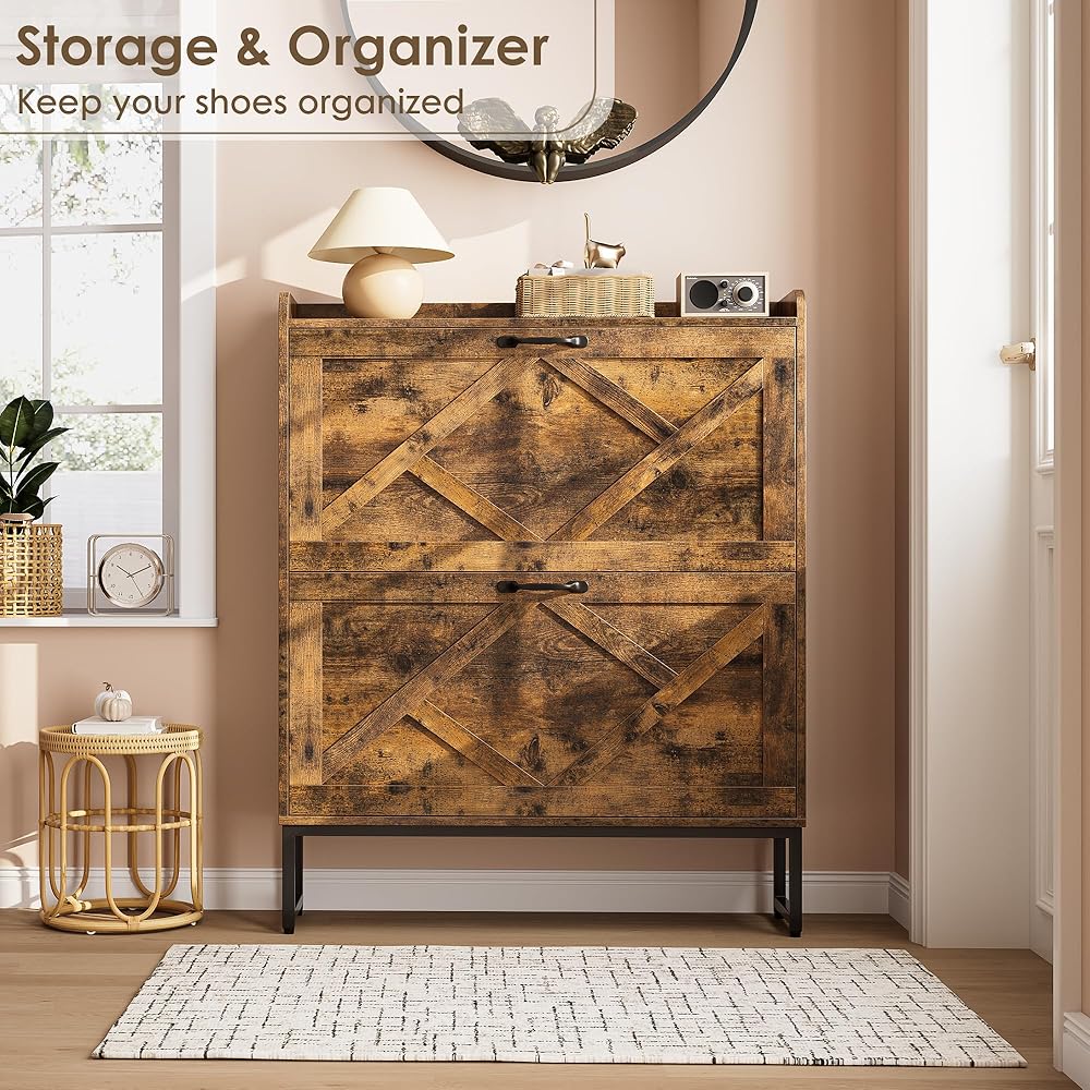 Nicetree Shoe Cabinet with 2 Flip Drawers, Freestanding Shoe Organizer with Metal Legs, Narrow Shoe Rack Cabinet, Farmhouse Slim Shoe Storage Cabinet for Entryway, Foyer, Hallway, Rustic Brown : Home & Kitchen