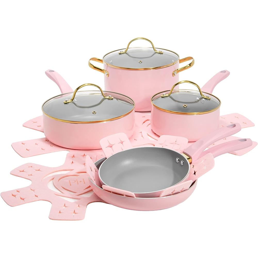 Paris Hilton Epic Nonstick Pots and Pans Set, Multi-layer Nonstick Coating, Tempered Glass Lids, Soft Touch, Stay Cool Handles, Made without PFOA, Dishwasher Safe Cookware Set, 12-Piece, Pink: Home & Kitchen