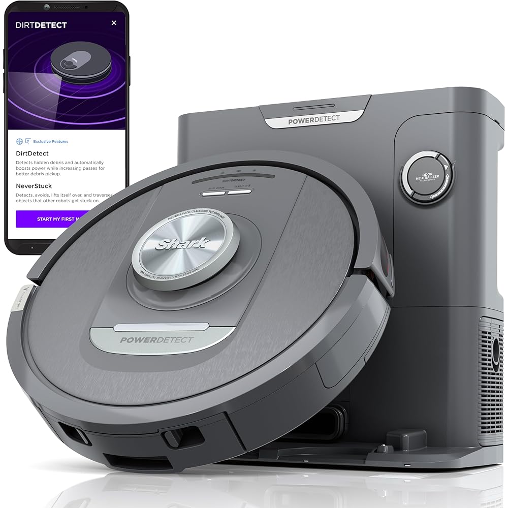 - Shark PowerDetect Self-Empty Robot Vacuum with NeverStuck Technology, Auto Deep-Clean Carpets & Hardfloors, XL 60 Day Capacity HEPA Bagless Base Neutralizes Odors, for Pet Hair, Black (AV2820AE)