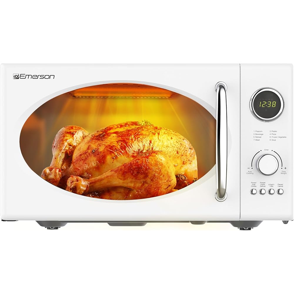 Emerson MWRG0901W Retro Microwave with 1,000W Grill Function 800W Cooking, LED Display, 5 Power Levels, 8 Auto Menus, Glass Turntable, Child Lock, 0.9 Cu. Ft, White Countertop Design: Home & Kitchen