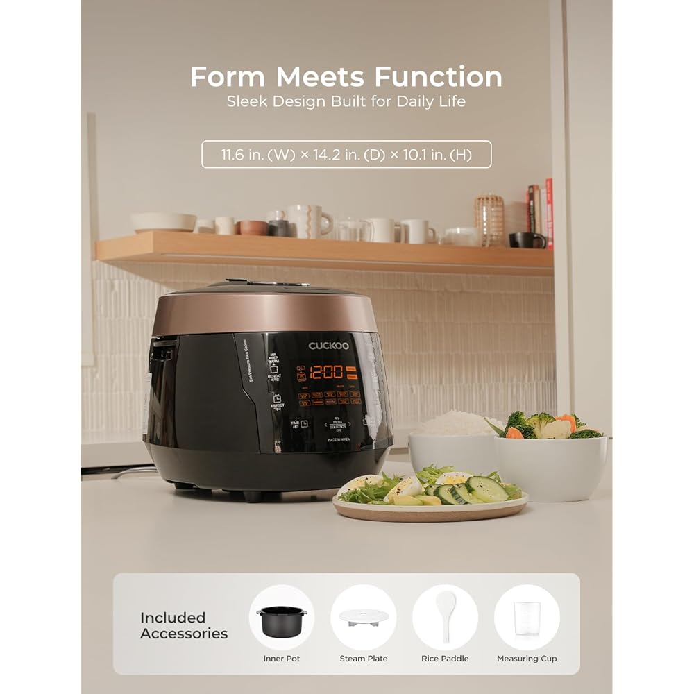 CUCKOO CRP-P0609S 6-Cup (Uncooked) / 12-Cup (Cooked) High Pressure Rice Cooker & Warmer with Nonstick Inner Pot, 12 Menu Options, Fuzzy Logic Tech, 3 Voice Guide, Auto Clean (Black/Copper): Home & Kitchen
