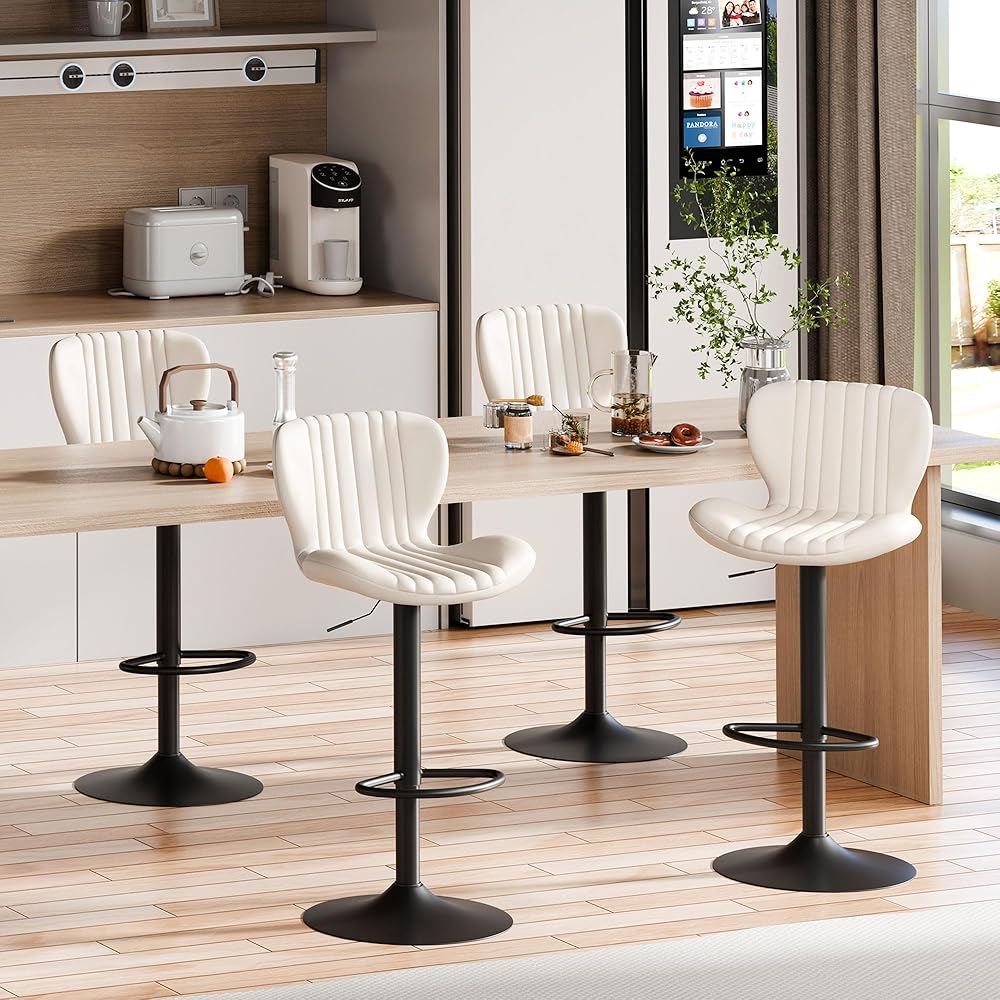 Shintenchi Bar Stools Set of 4 Modern Swivel Bar Chairs, Counter Height Faux Leather Metal Barstools, Upholstered Island Chairs with Back and Footrest, Beige : Home & Kitchen