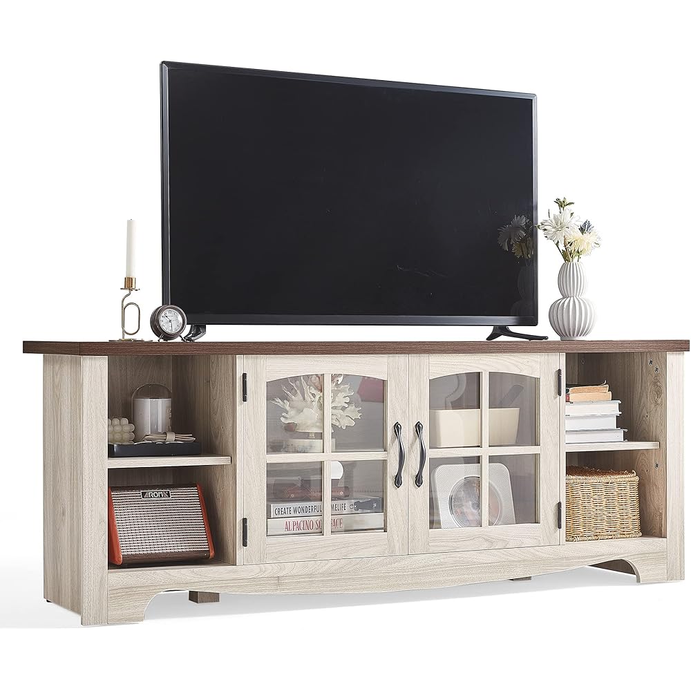 LINSY HOME Farmhouse TV Stand for 65 Inch TV, Wood Entertainment Center with Glass Door Storage Cabinet & Adjustable Shelves, Large Sturdy TV Console Table for Living Room Bedroom : Home & Kitchen