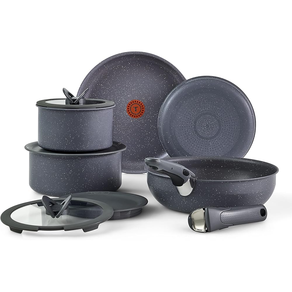 T-fal Ingenio Essentials Cookware Set with Detachable/Removable Handle 11 Piece, Granite Titanium Non Stick, Oven Broiler Safe 500F, Stackable, Pots and Pans Set, Frying Pans, Dishwasher Safe, Gray: Home & Kitchen