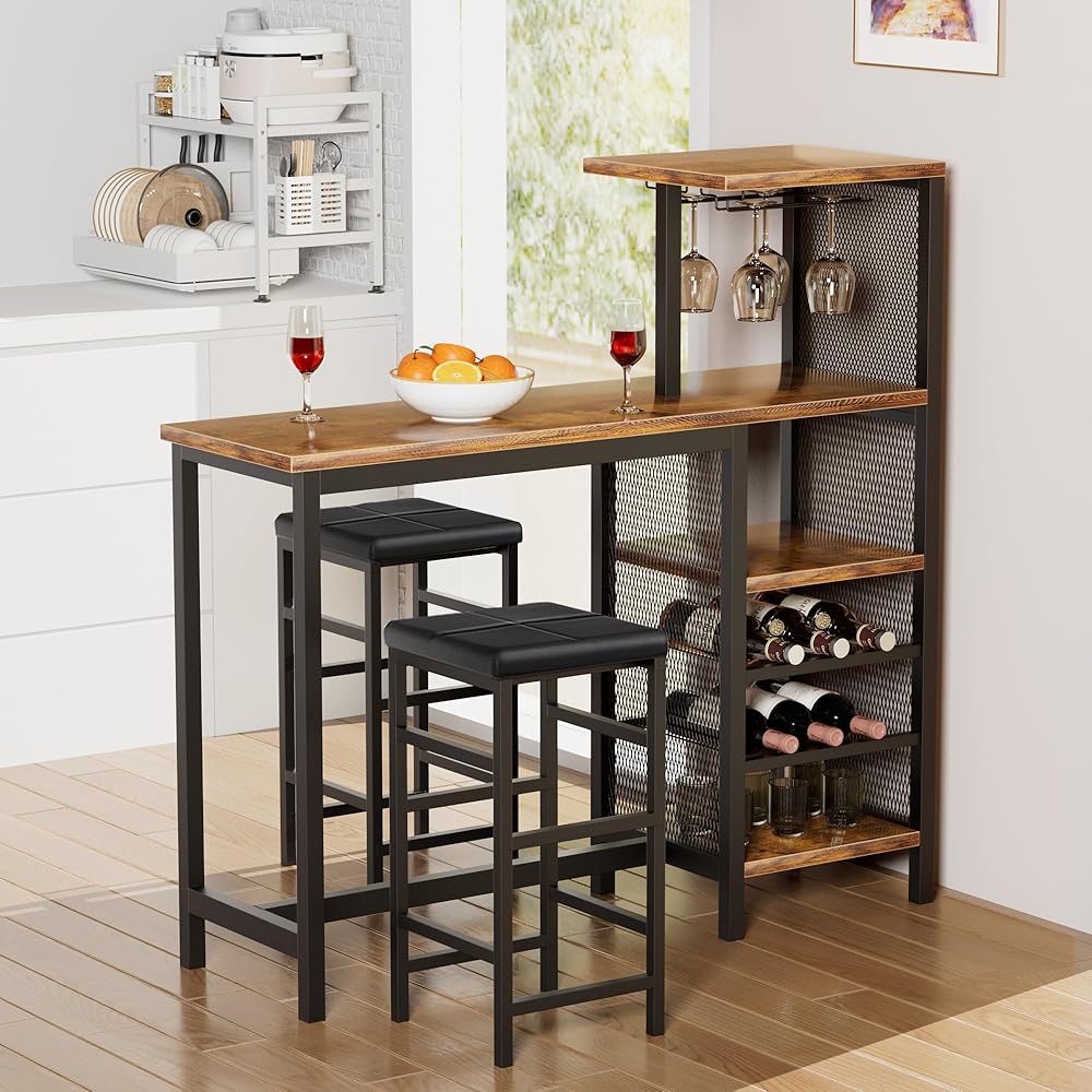 - VECELO Bar Table and Chairs Set for 2, 3-Piece Dining Set with Storage Shelves, Cup Holder & Wine Rack, PU Leather Cushion Stools, for Kitchen Small Space, Brown - Table & Chair Sets