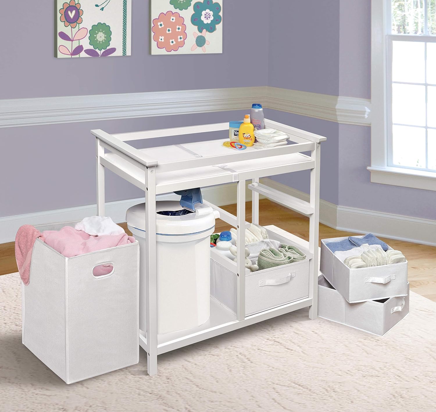 : Badger Basket Modern Baby Changing Table - Nursery Furniture with Laundry Hamper and 3 Storage Drawers - Diaper Changing Station with Safety Belt, Changing Pad, and Organizer Baskets - White/White : Baby