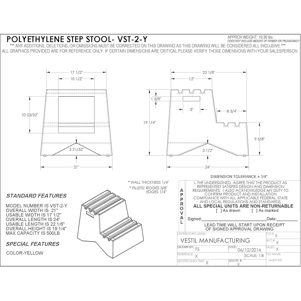 Vestil VST-2-Y Polyethylene Step Stool, 2 Step, Yellow : Office Products