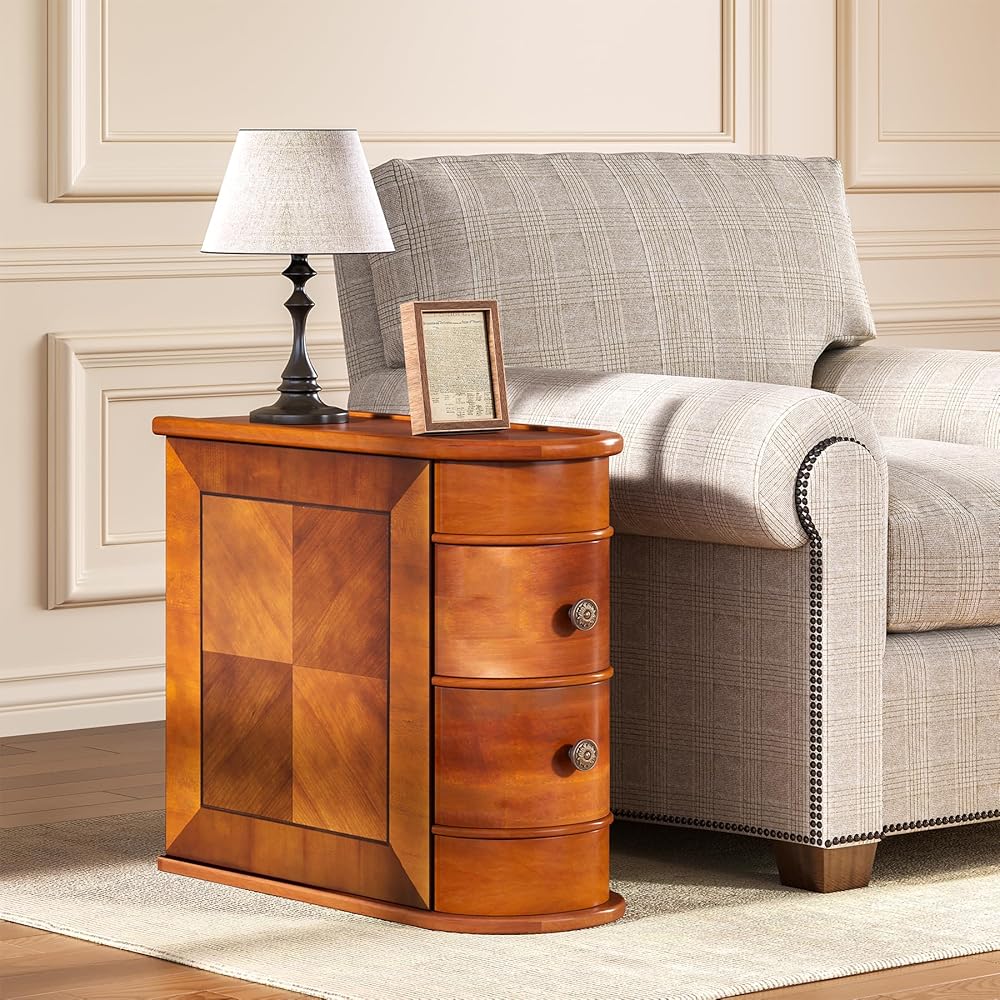 LITTLE TREE Wood End Table with 2 Drawers Sofa Side Table, No Assembly Required Vintage Slim Nightstand Bedside Table for Bedroom : Home & Kitchen