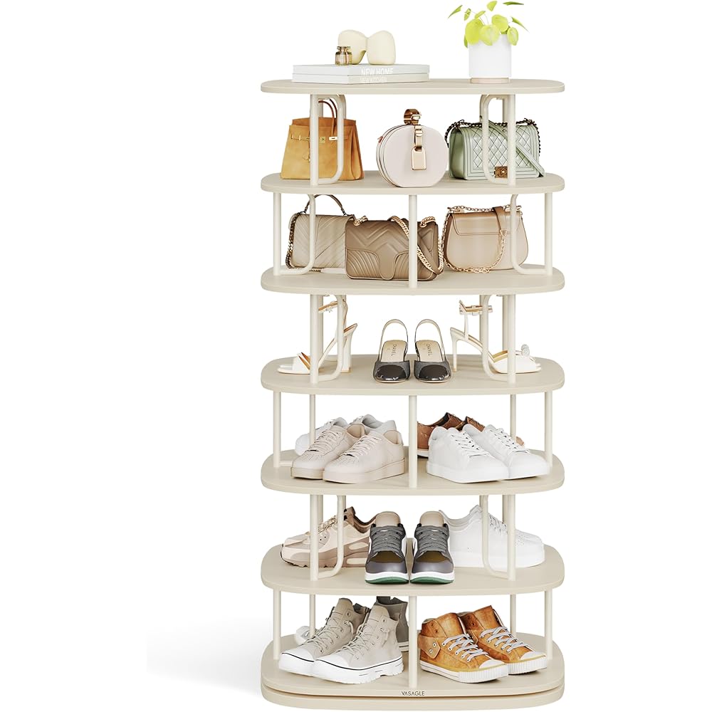 VASAGLE 7-Tier Shoe Rack, Rotating Shoe Rack Tower, Shoe Closet Organizer, Shoe Shelf, 28-35 Pairs, 23.6 x 23.6 x 47.2 Inches, for Entryway, Living Room, Closet, Cream White ULBS041W01 : Home & Kitchen