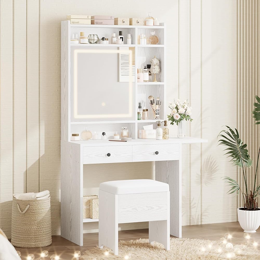 IRONCK Vanity Desk with Mirror and LED Lights, Jewelry Cabinet, Makeup Dressing Table Set with Drawers, Storage Shelves, for Bedroom, 65.3 H White : Home & Kitchen