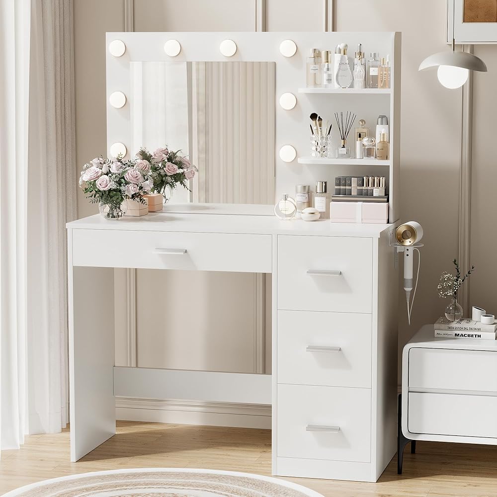 YESHOMY Vanity Desk with Mirror, 10 Lights, Power Outlet and 3 Storage Shelves, Makeup Table with 4 Drawers, 3 Color Modes, for Bedroom, White : Toys & Games