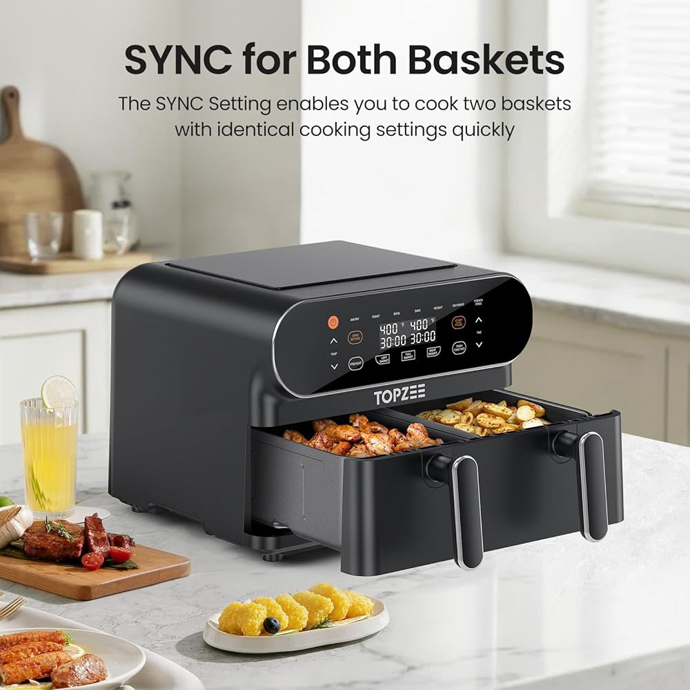 TOPZEE 11-QT Large Air Fryer - 8 in 1 XL Airfryer with Flex Basket, Divider for Dual Cooking, Preheat, Air Fry, Roast, Broil, Bake, Reheat, Dehydrate, French Fries, Dishwasher Safe, Black : Home & Kitchen