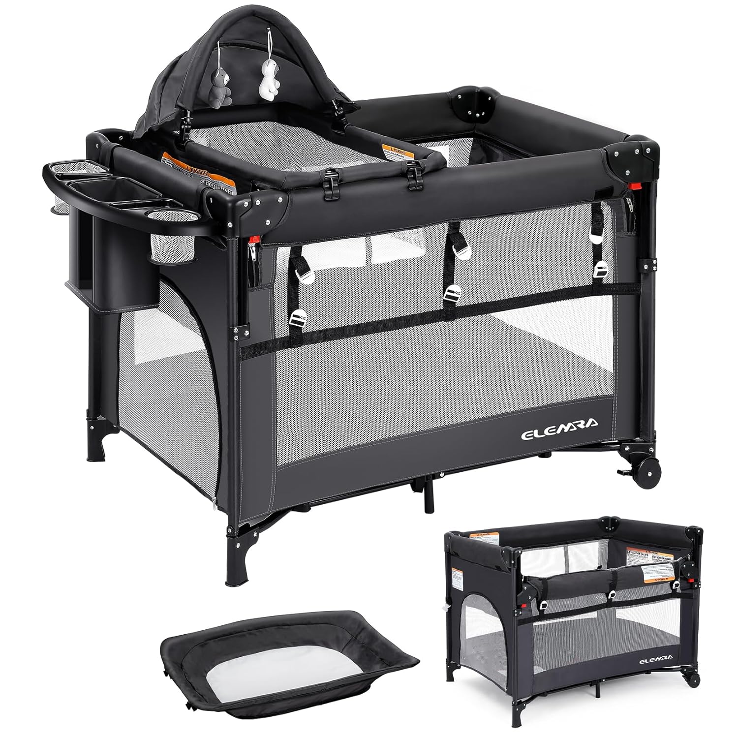 : ELEMARA 5 in 1 Pack and Play, Adjustable Baby Bedside Bassinet Sleeper,1-Second Setup Foldable Playard from Newborn to Toddles,Bedside Crib with Changing Table,Portable Travel Bassinet,Ziper Door,Gray : Baby