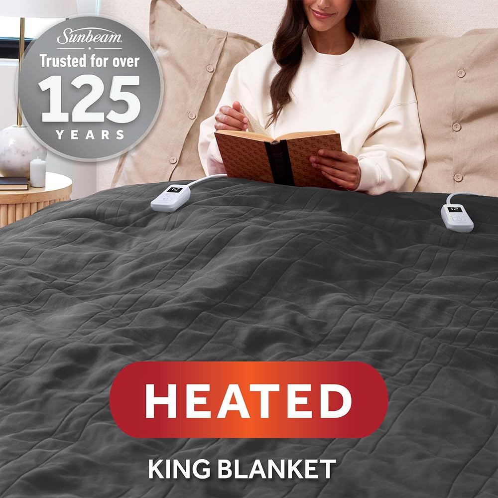 Sunbeam Electric Royal Luxe Microplush Heated Blanket, 12 Heat Settings, 12-Hour Selectable Auto Shut-Off, Fast Heating, Warm and Cozy, Night Fog Color, King, 90
