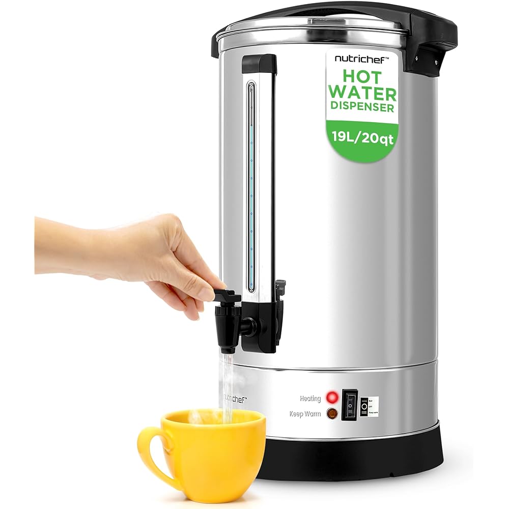 NutriChef Water Boiler and Hot Water Dispenser, 19L Electric Beverage Dispenser with Safety Lock Lid, Non-Drip Tap, Warm Function, Food Grade Stainless Steel, Home & Commercial Use, 19