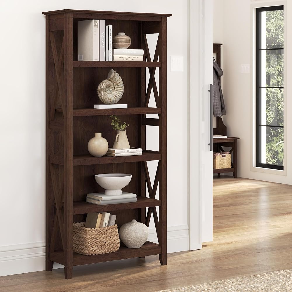 Bush Furniture Tall 5 Shelf Bookcase for Living Room or Home Office, Large Bookshelf, Modern Farmhouse Style, Key West Collection, Bing Cherry : Home & Kitchen
