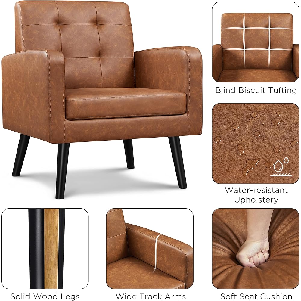 Yaheetech Mid-Century Accent Chairs, PU Leather Modern Upholstered Living Room Chair, Cozy Armchair Button Tufted Back and Wood Legs for Bedroom/Office/Cafe, Retro Brown : Home & Kitchen