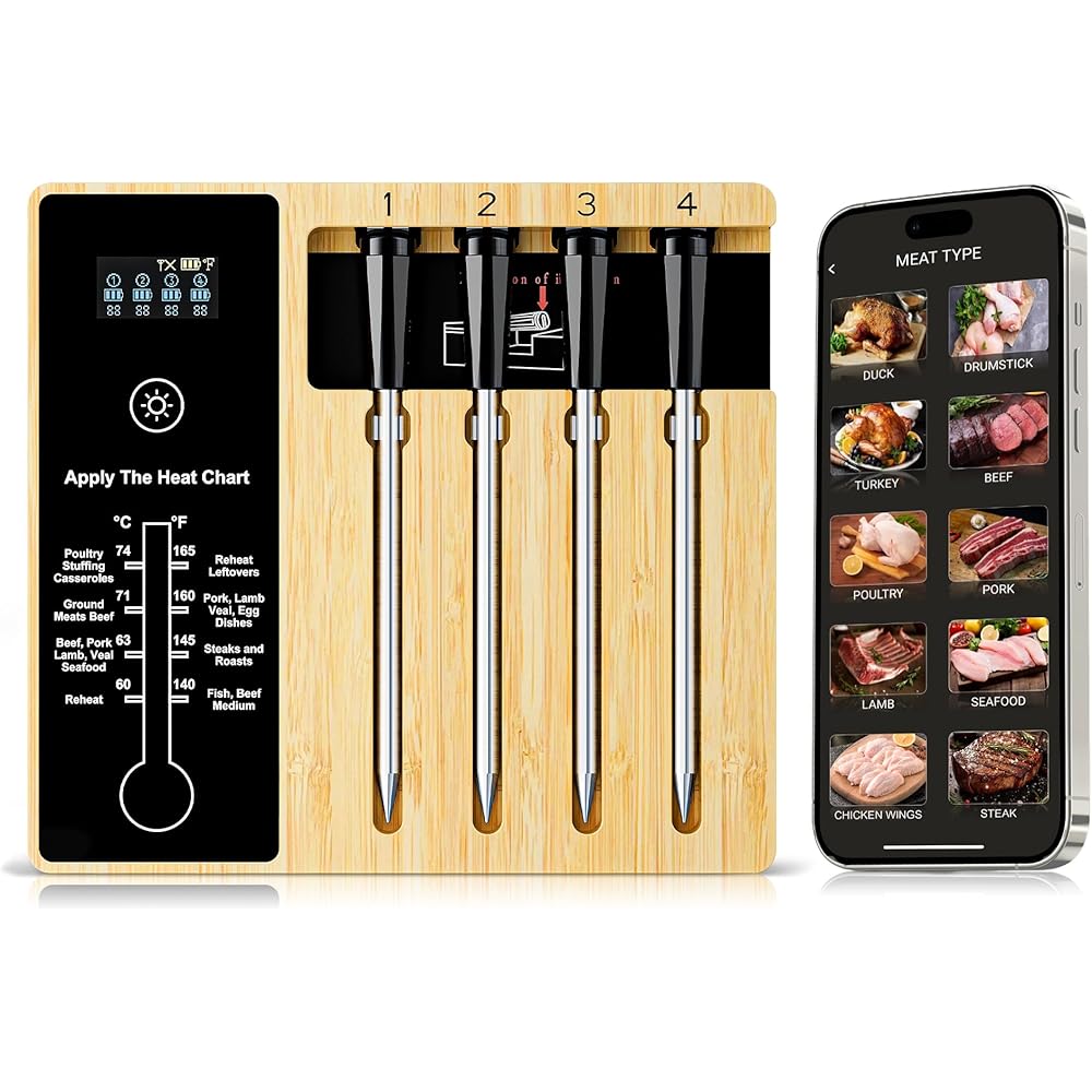 Smart Wireless Meat Thermometer 4 Probes, Bluetooth Food Thermometer, Remote Tracking and Real-Time Readings from Apps, for iOS and Android, for BBQ, Grill, Smoker: Home & Kitchen