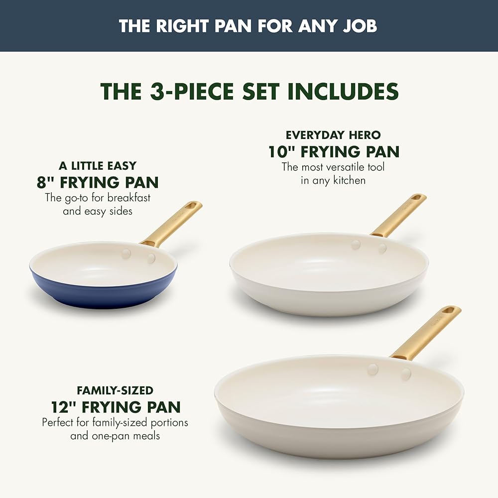 GreenPan 3 Piece Frying Pan Set, Induction Compatible 8” 10” & 12” Skillets, Ceramic Nonstick PFOA & PFAS-Free, Hard Anodized, Gold Handles, Dishwasher and Oven Safe, Navy, Taupe, Cream: Home & Kitchen