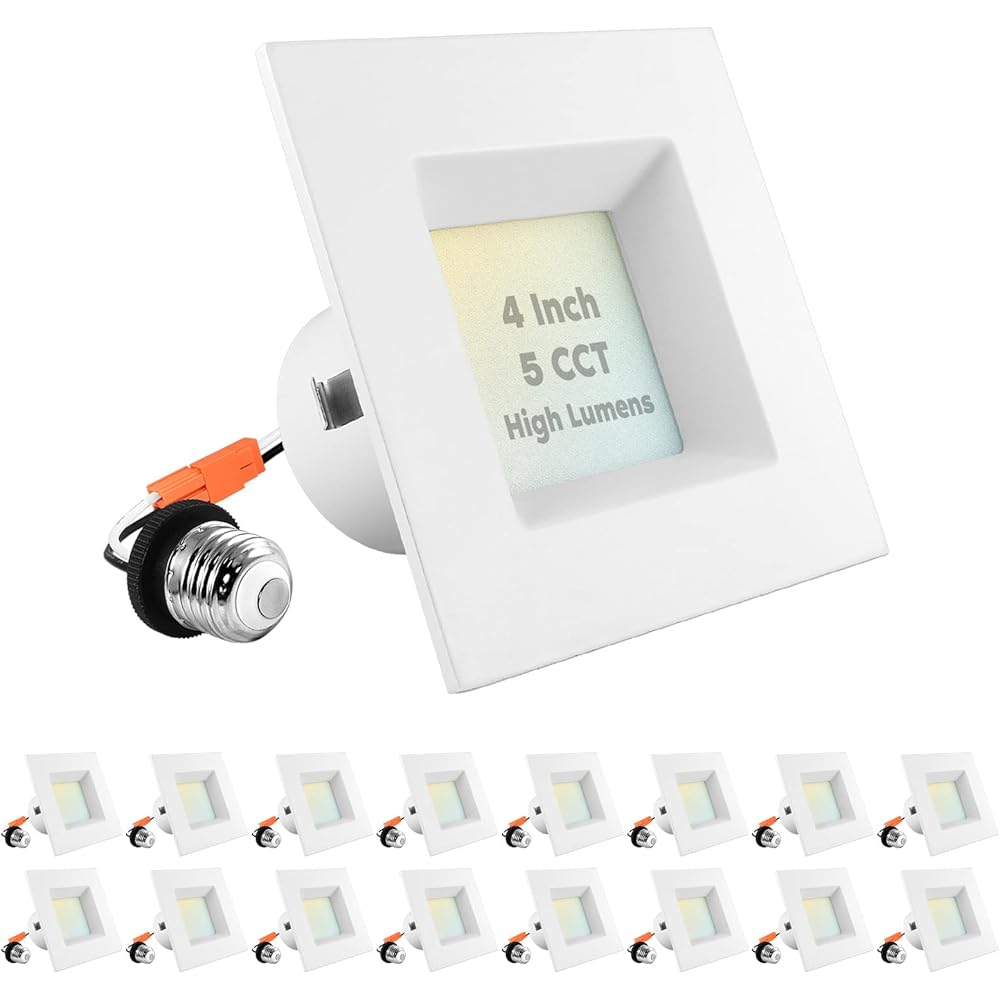 LUXRITE 16-Pack 4 Inch Square LED Recessed Can Lights, 14W=75W, 5 Color Options 2700K-5000K, 950 Lumens, Dimmable LED Retrofit Kit, Wet Rated, IC Rated, Energy Star, ETL Listed -