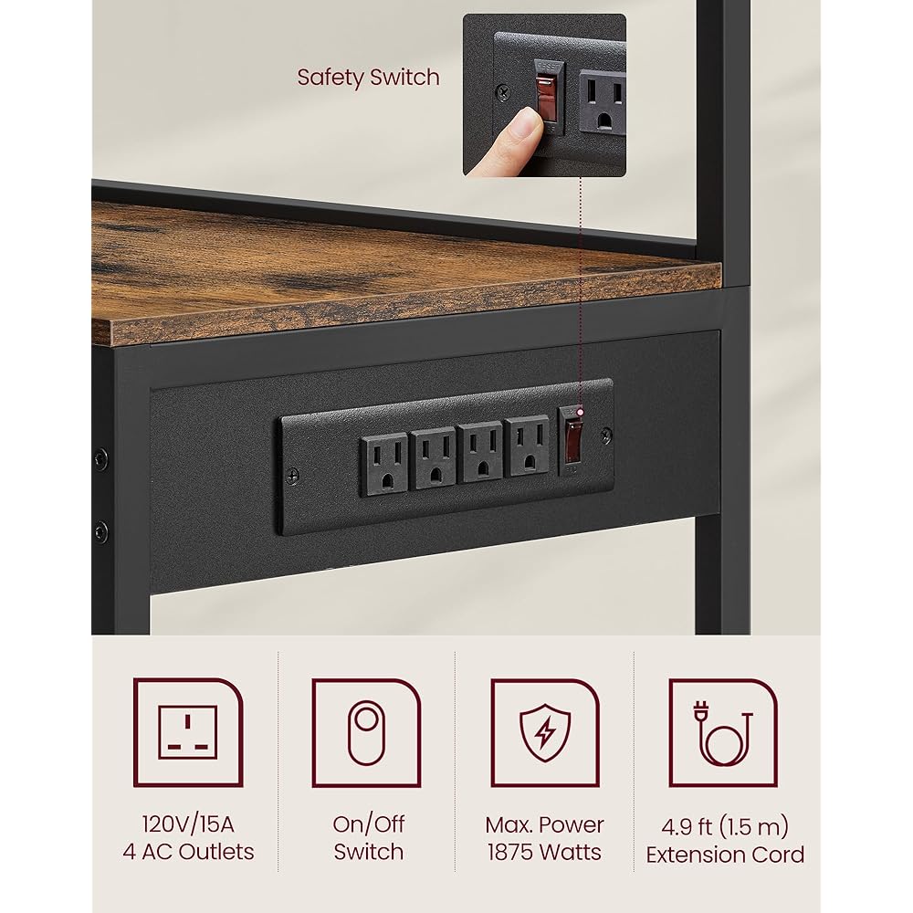 - VASAGLE Bakers Rack with Power Outlet, 35.4 Inches Microwave Stand, Coffee Bar, 4 AC Outlets, with Adjustable Shelves, 8 S-Hooks, Basket, Spice Racks, Rustic Brown and Ink Black UKKS031K01 - Standing Baker's Racks