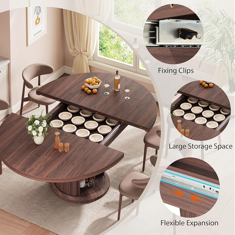 - Dining Table for 4-6,63“Extendable Round Kitchen Dining Room Table with 2-Tier Storage Shelf, Space Saving Expandable Wood Oval Circle Dinner Furniture with Pedestal Base (Brown) - Tables