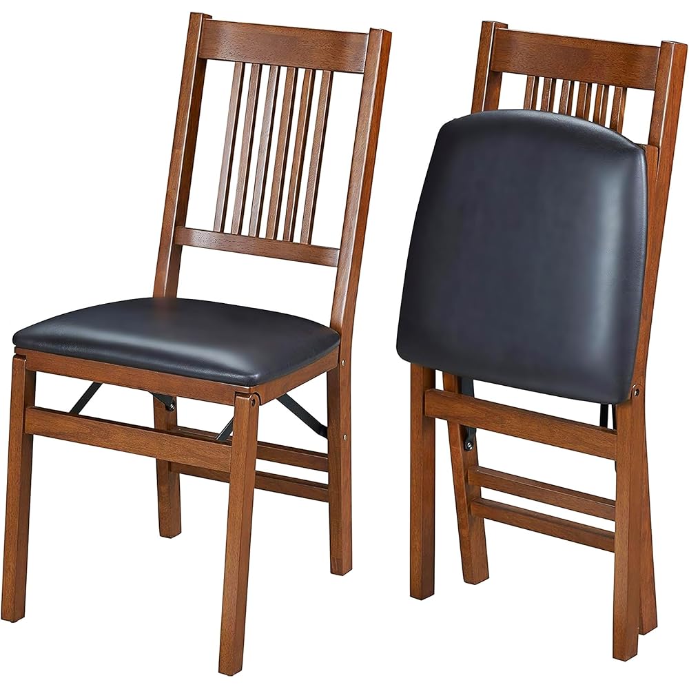 MECO Stakmore True Mission Wooden Folding Chairs with Padded Seats, Set of 2 - No Assembly Foldable Dining Chairs, Steel Folding Mechanism, Upholstered Cushion, Space-Saving, Fruitwood Frame : Home & Kitchen
