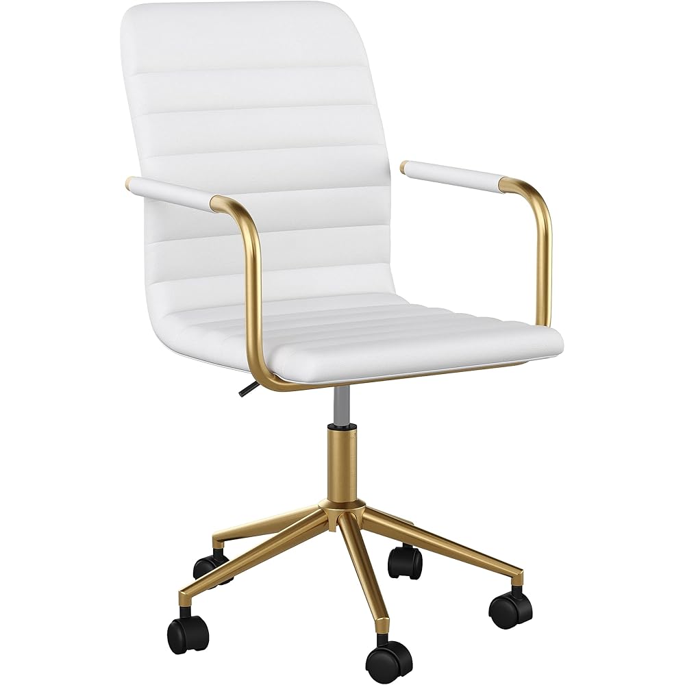 Martha Stewart Taytum Swivel Task Chair with Armrests for Home Office in White Faux Leather with Polished Brass Frame : Home & Kitchen
