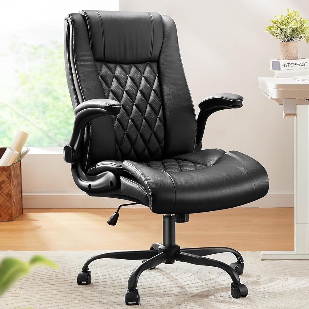 Marsail Executive Office Chair with Flip-up Armrests,PU Leather Ergonomic Desk Chair Height-Adjustable Swivel Rolling Computer Desk Chair,Black : Office Products