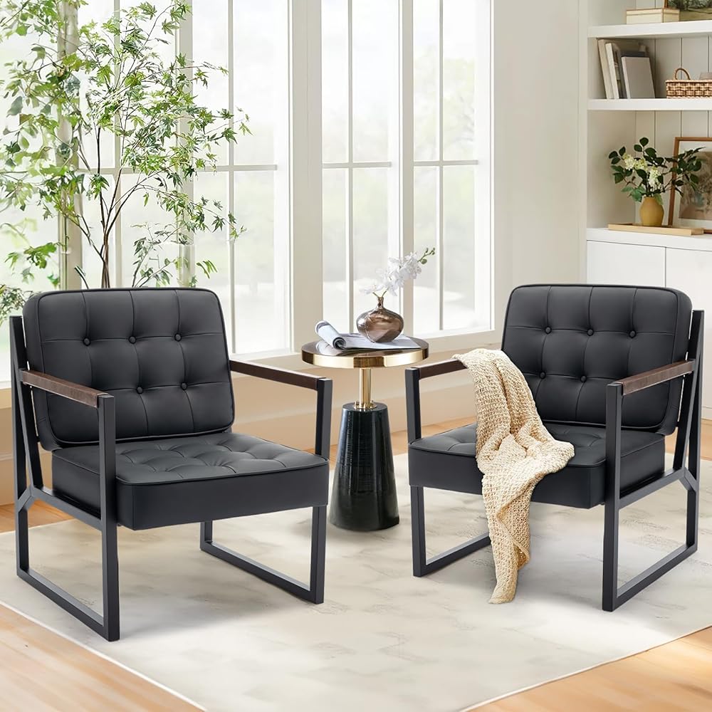 COLAMY Mid Century Modern Accent Chair Set of 2, Comfy Living Room Chair, Black Leather Accent Chair, Faux Leather Reception Armchair with Metal Legs for Living Room Bedroom Reception Office, Black : Home & Kitchen