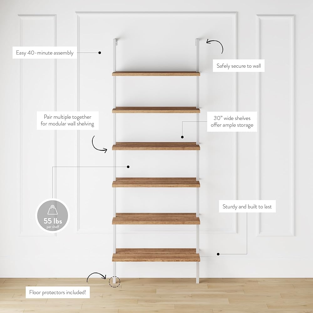 Nathan James Theo 6-Shelf Tall Bookcase, Wall Mount Bookshelf with Natural Wood Finish and Industrial Metal Frame, Rustic Oak/White : Home & Kitchen