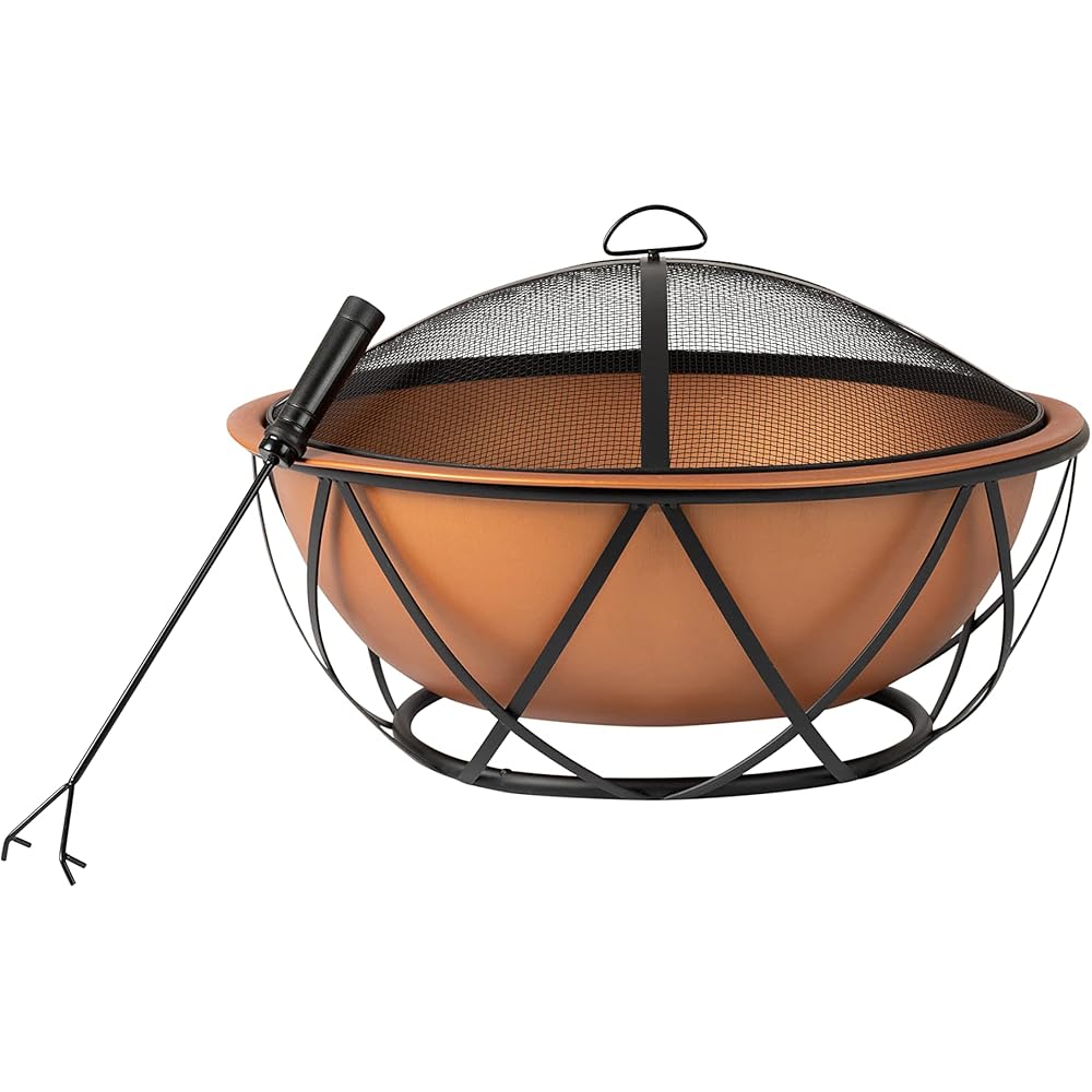 : Fire Sense 62241 Fire Pit Barzelonia Copper-Look Wood Burning Lightweight Portable Outdoor Firepit Backyard Fireplace Camping Bonfire Included Screen Lift Tool & Cooking Grate - Round - 26