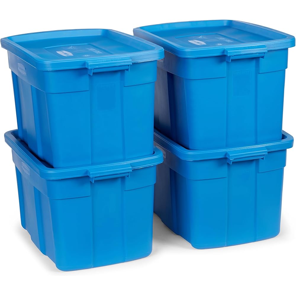 - Rubbermaid Roughneck Tote 25 Gal, 4 Pack, Made in USA, Heritage Blue, Rugged Plastic Stackable Storage Bins with Lids and Handles