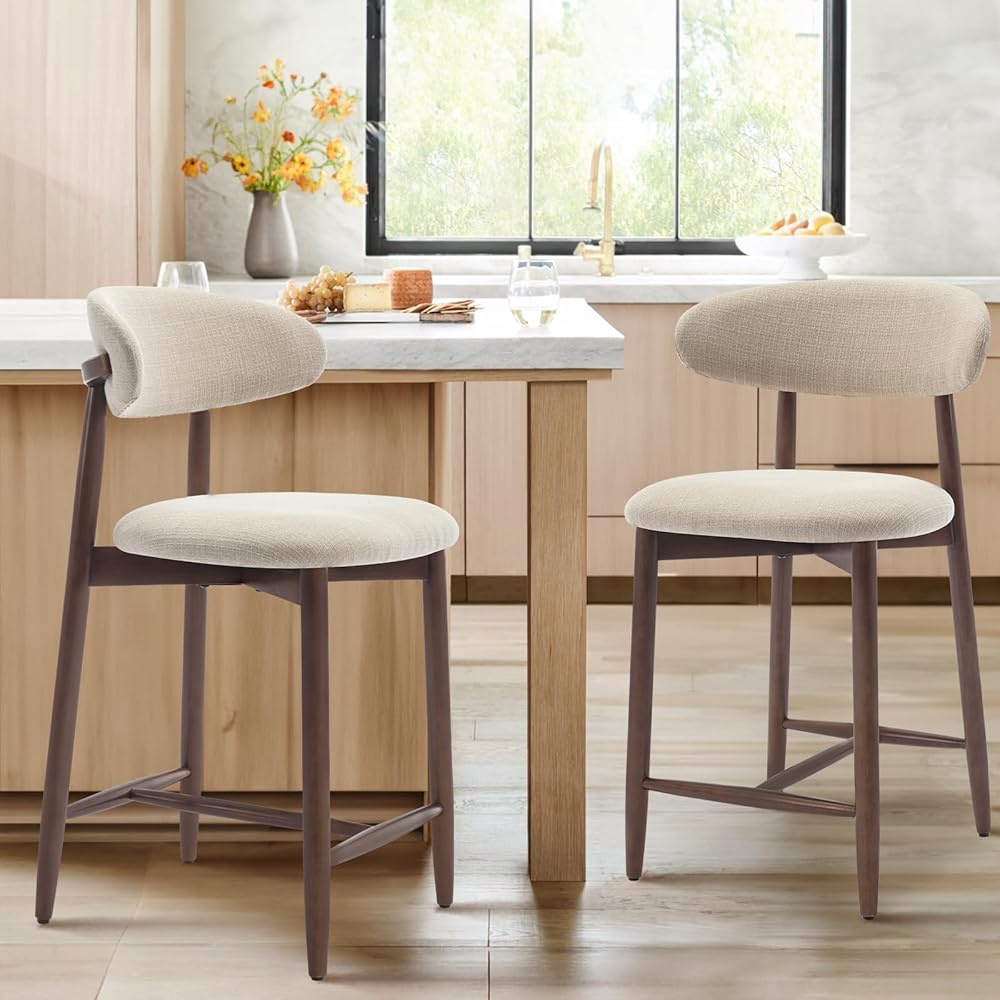 COLAMY Counter Height Bar Stools Set of 2, Kitchen Bar Stools with Back, Mid Century Modern Upholstered, with Wood Legs for Kitchen Island Dining Room, Beige : Home & Kitchen