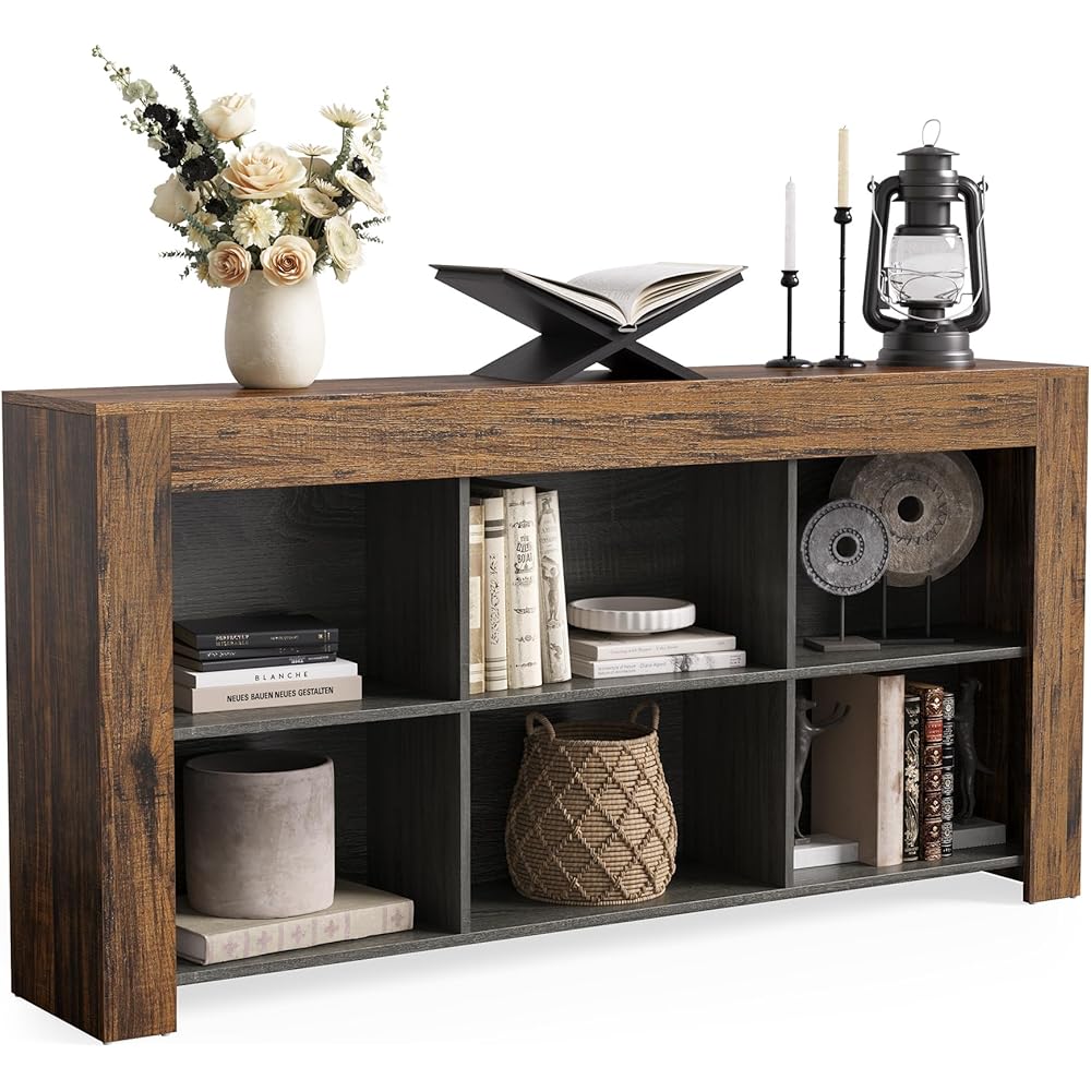 LITTLE TREE Console Table with Storage, 63-Inch Narrow Long Sofa Table, Entryway Table with 6 Cubes, Farmhouse Storage Shelves for Entryway, Living Room