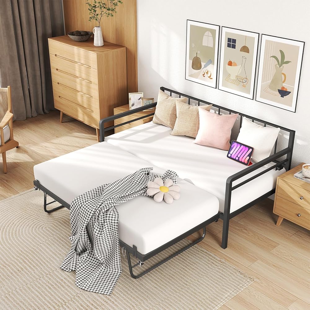 Zevemomo Twin Daybed with Pop Up Trundle, Metal Day Bed Frame with LED Lights and Charging Station, Day Bed with Trundle Bed Twin, Black Daybed for Living Room, Bedroom, Guest Room : Home & Kitchen