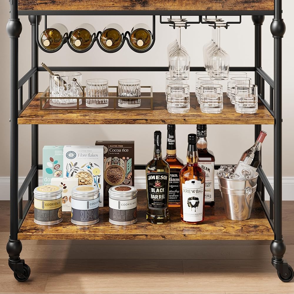 Bar Cart, Bar Carts for The Home, 3 Tier Serving Cart with Wheels, Home Bar & Serving Carts, Metal Rolling Cart with Wine Rack & Removable Tray for Kitchen, Dining Room, Living Room-Retro Brown : Home & Kitchen